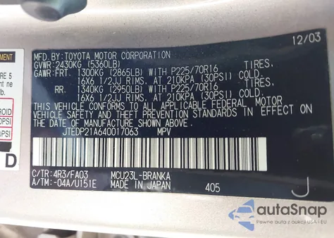 2004 Toyota Highlander V6 from USA, damaged, VIN JTEDP21A640017063